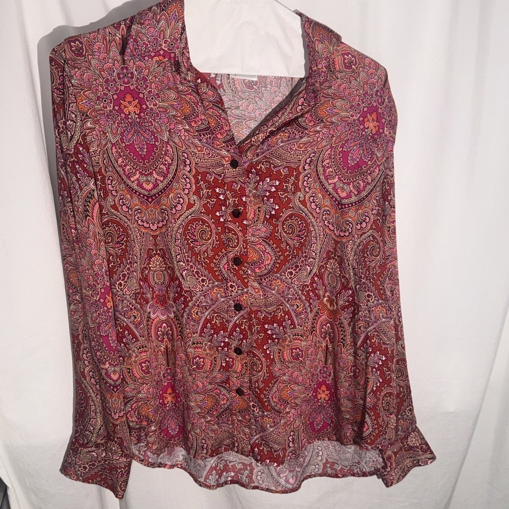 Finley Red Paisley Button Up Blouse Womens Small Long Sleeve 100% Viscose